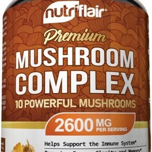 nutriflair mushroom supplement 2600mg, 90 capsules 10 mushrooms blend reishi, lions mane, cordyceps, chaga, turkey tail, maitake, shiitake, oyster nootropic complex brain, energy, focus pills